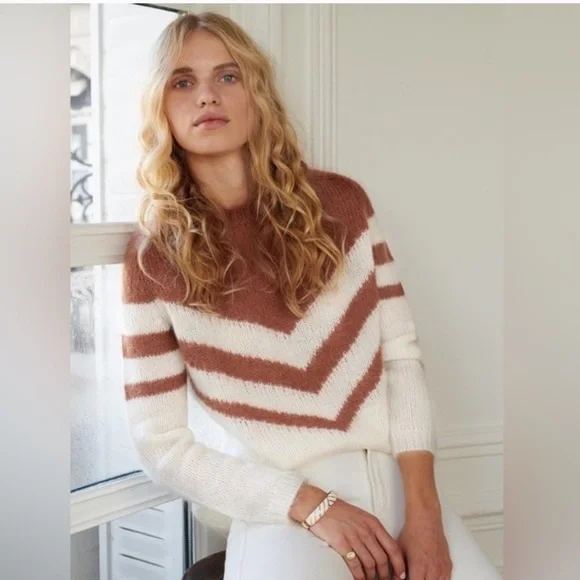 Sezane Joy Caramel Chevron Mohair Ecru Pullover Sweater - Picture 3 of 10